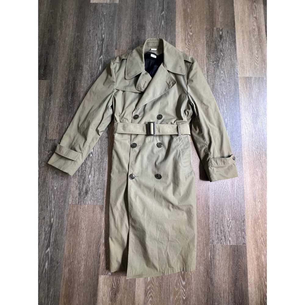 Vintage Trench Coat Mens 40R Olive Green Double Breasted Belted Overcoat